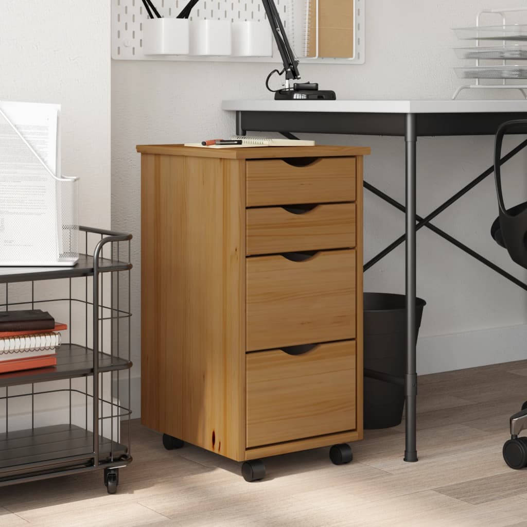 Rolling Cabinet with Drawers MOSS Honey Brown Solid Wood Pine - Casper Homes