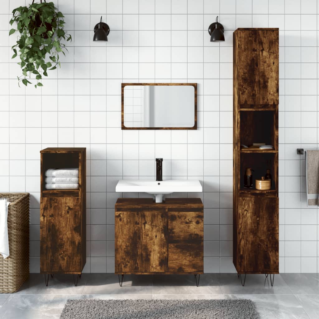 3 Piece Bathroom Furniture Set Smoked Oak Engineered Wood - R and M Furniture
