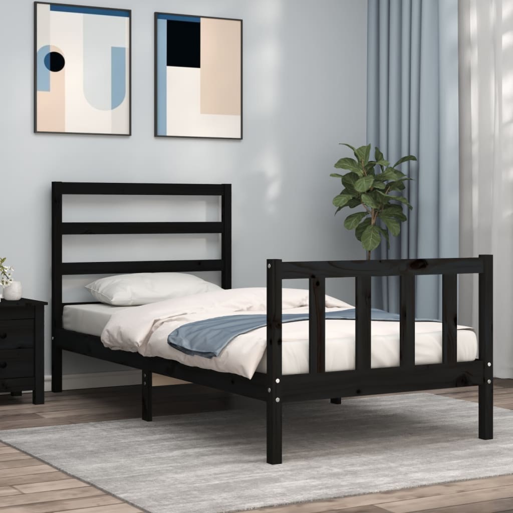 Bed Frame with Headboard Black Small Single Solid Wood - Sid & Sam