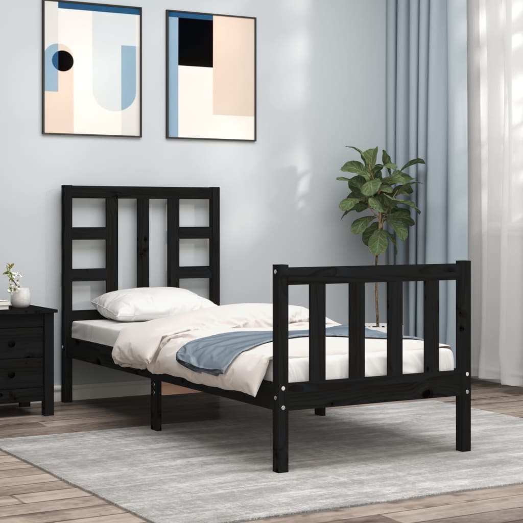 Bed Frame with Headboard Black Small Single Solid Wood - Unbeatable Bargains