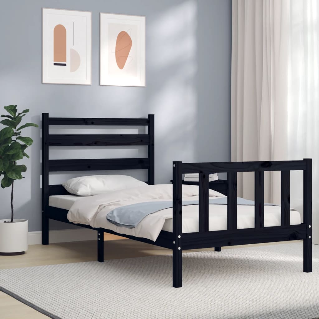 Bed Frame with Headboard Black Small Single Solid Wood - Sid & Sam