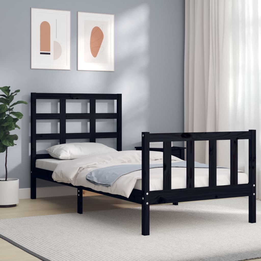 Bed Frame with Headboard Black Small Single Solid Wood - Unbeatable Bargains