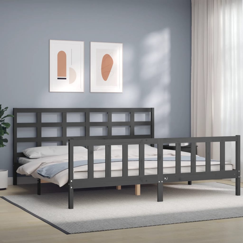 Bed Frame with Headboard Grey 200x200 cm Solid Wood - Decor Base