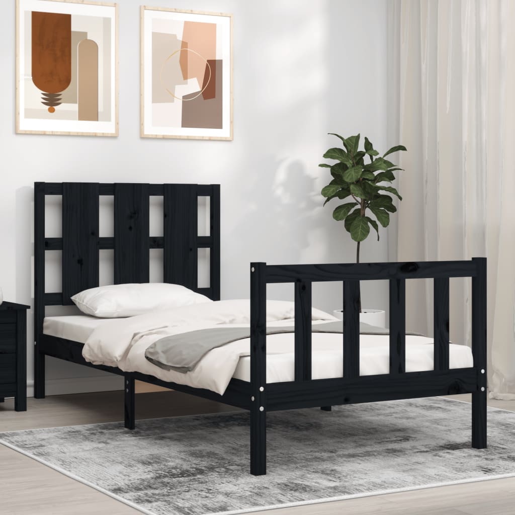 Bed Frame with Headboard Black Small Single Solid Wood - Unbeatable Bargains