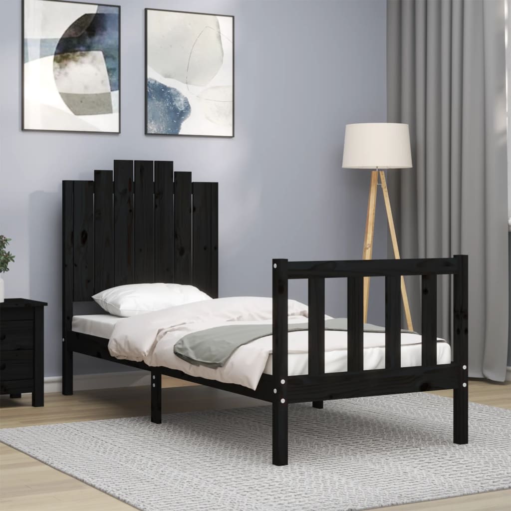 Bed Frame with Headboard Black Small Single Solid Wood - Sid & Sam