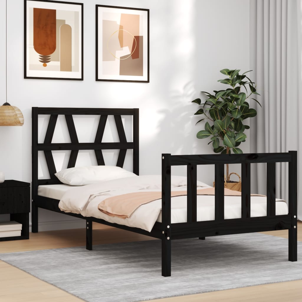 Bed Frame with Headboard Black Small Single Solid Wood - Millennium Furniture