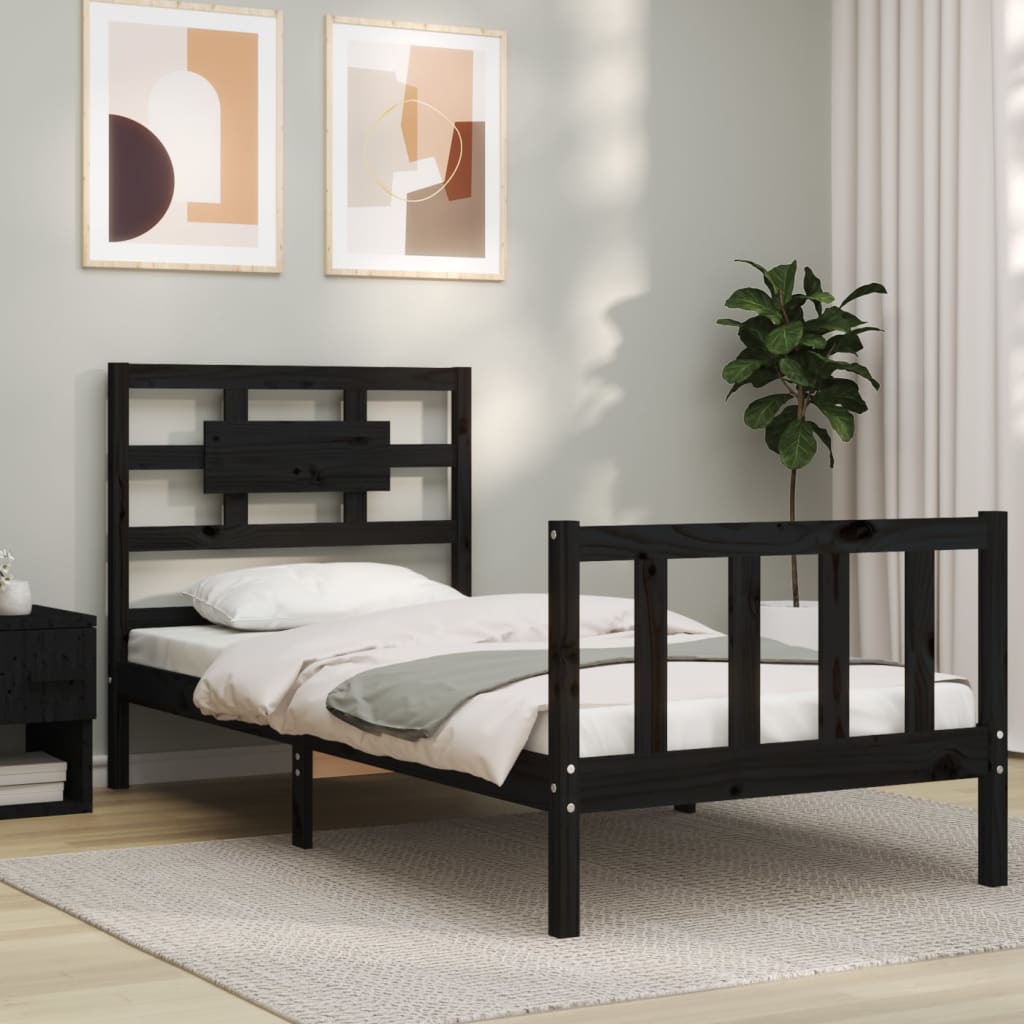 Bed Frame with Headboard Black Small Single Solid Wood - Merlin Deals