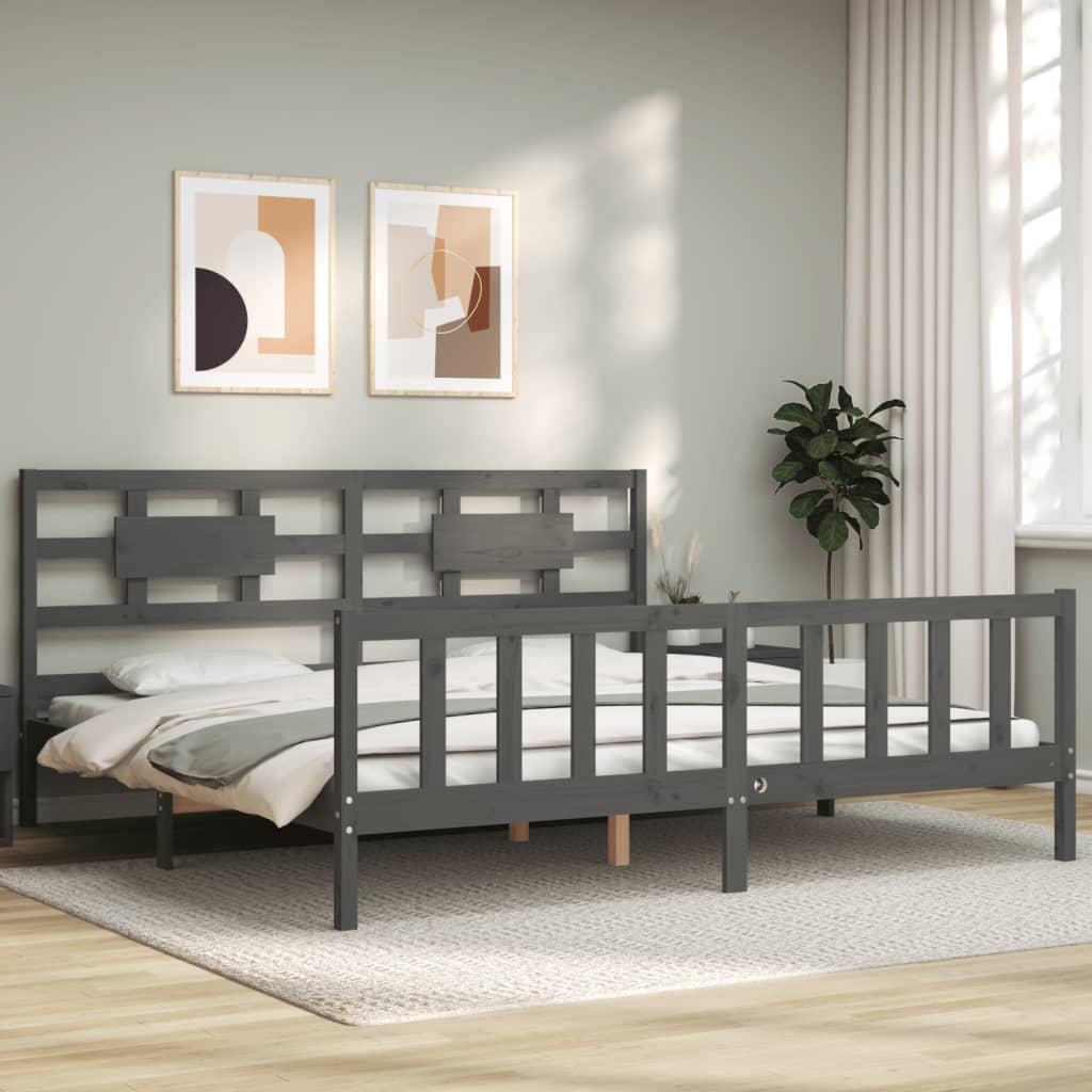 Bed Frame with Headboard Grey 200x200 cm Solid Wood - All Things Good