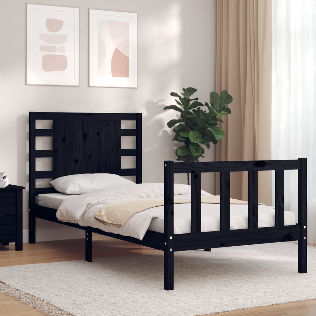 Bed Frame with Headboard Black Small Single Solid Wood - Unbeatable Bargains