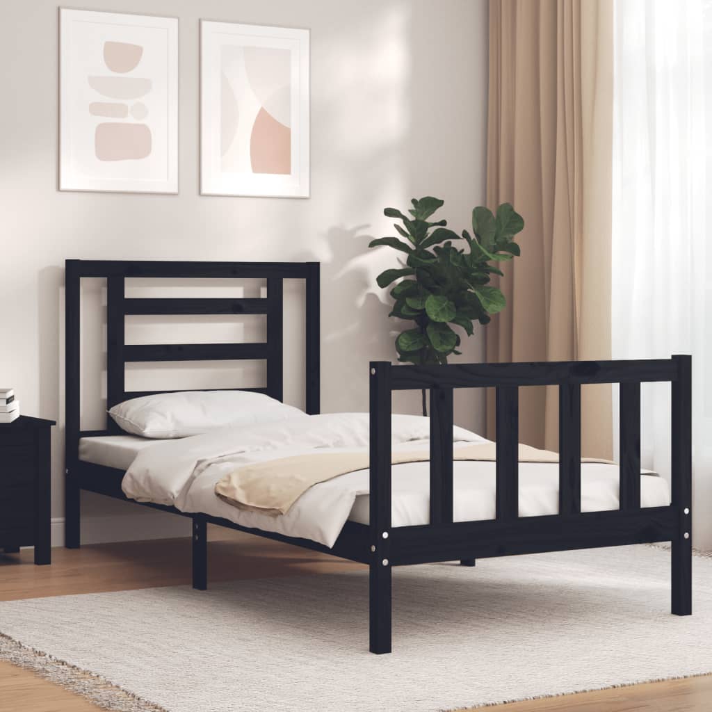 Bed Frame with Headboard Black Small Single Solid Wood - The Home Maker
