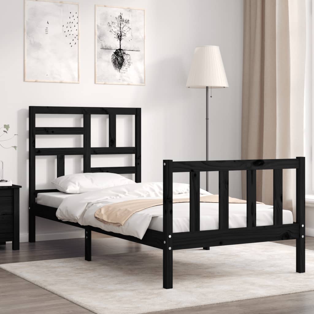 Bed Frame with Headboard Black Small Single Solid Wood - Unbeatable Bargains