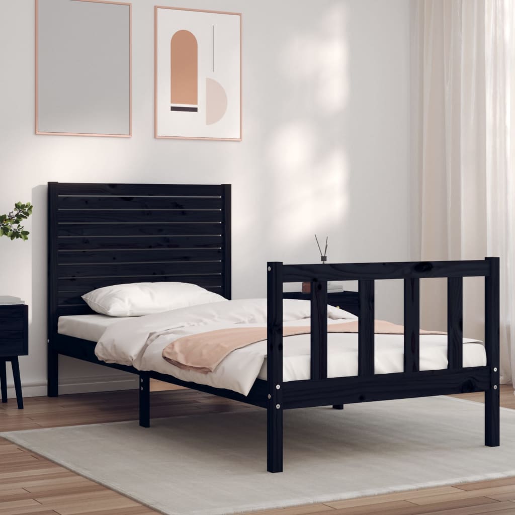 Bed Frame with Headboard Black Small Single Solid Wood - Unbeatable Bargains