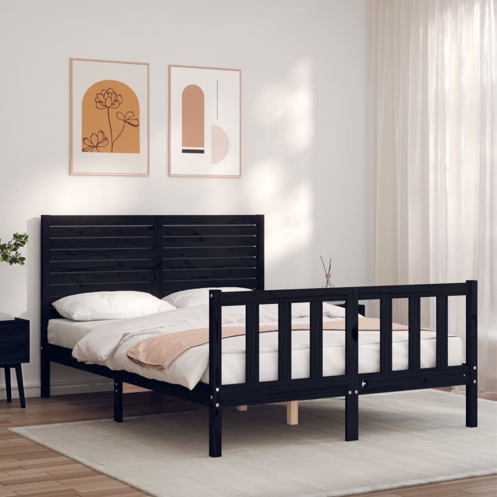 Bed Frame with Headboard Black Double Solid Wood - Merlin Deals