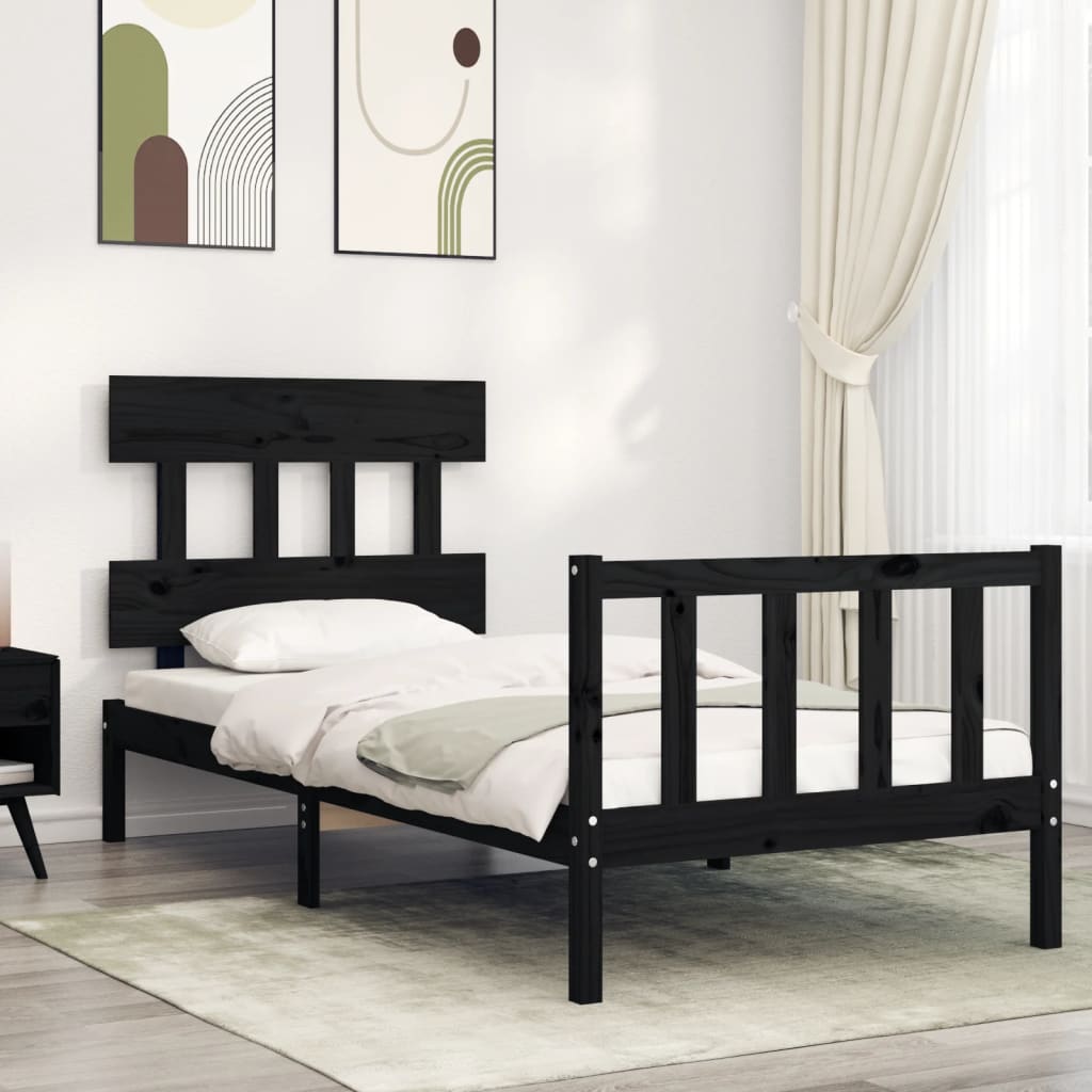Bed Frame with Headboard Black Small Single Solid Wood - Casper Homes