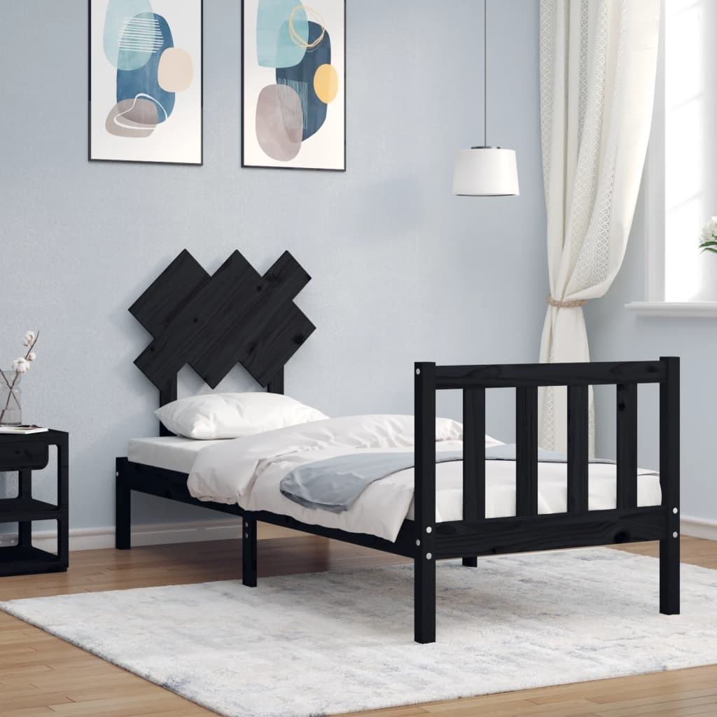 Bed Frame with Headboard Black Small Single Solid Wood - Millennium Furniture