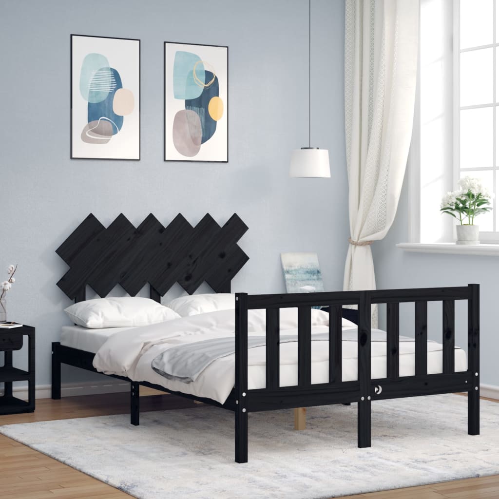 Bed Frame with Headboard Black Double Solid Wood - Unbeatable Bargains