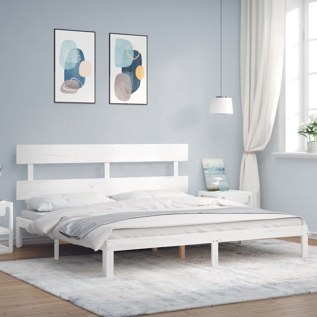 Bed Frame with Headboard White 200x200cm Solid Wood - The Home Maker
