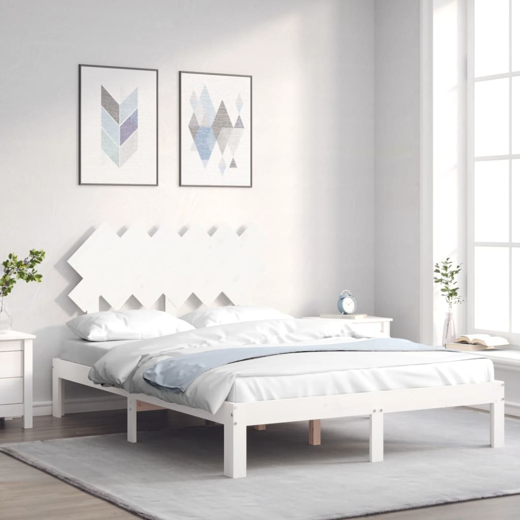 Bed Frame with Headboard White Double Solid Wood - Style and Chic