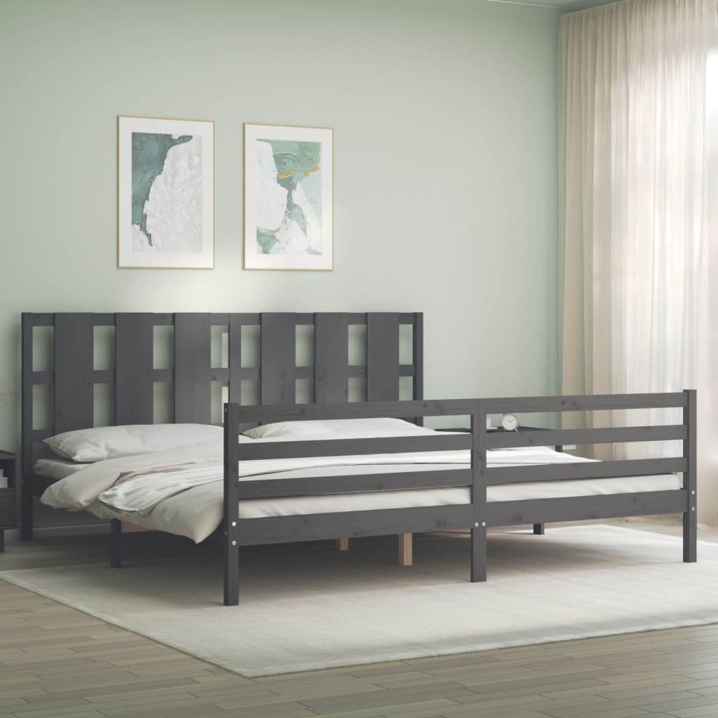 Bed Frame with Headboard Grey 200x200 cm Solid Wood - Millennium Furniture