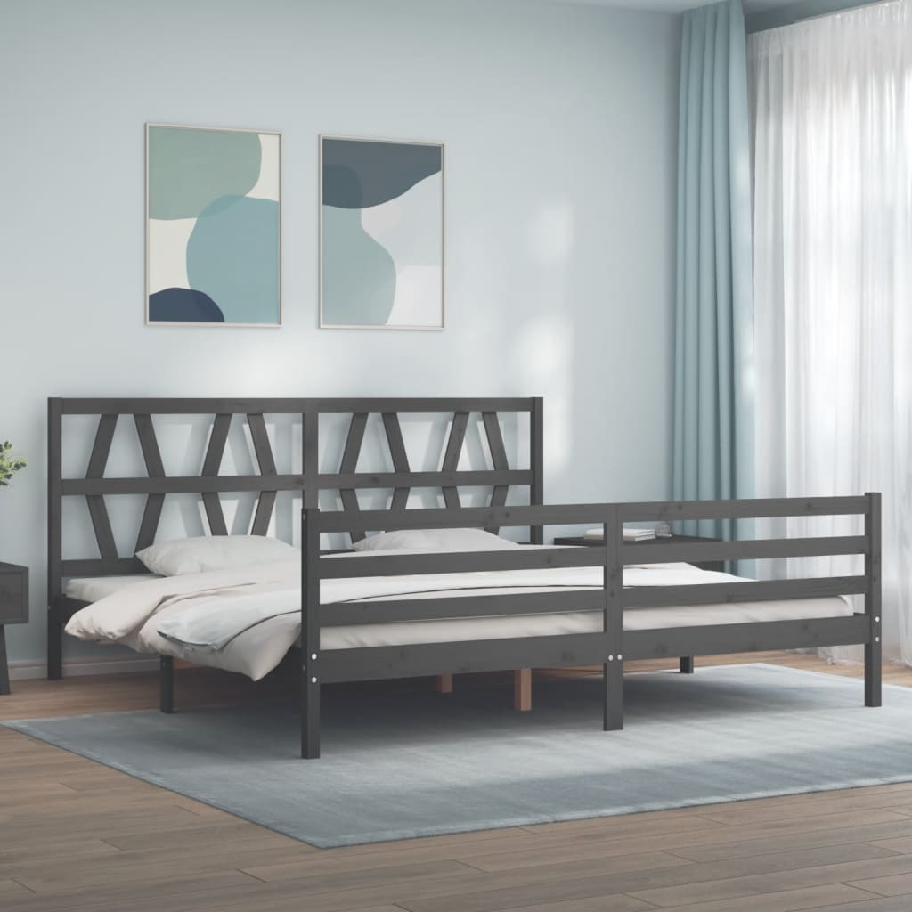 Bed Frame with Headboard Grey 200x200 cm Solid Wood - Millennium Furniture