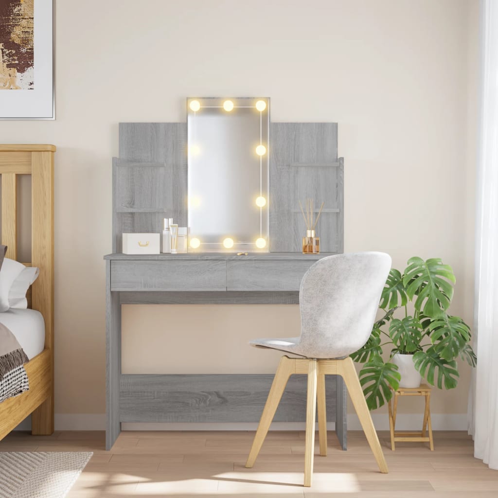 Dressing Table with LED Lights Grey Sonoma 96x40x142 cm - Unbeatable Bargains