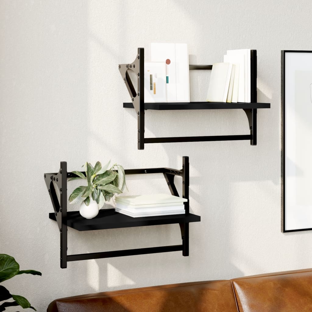 Wall Shelves with Bars 2 pcs Black 40x25x30 cm - Brittle & Co