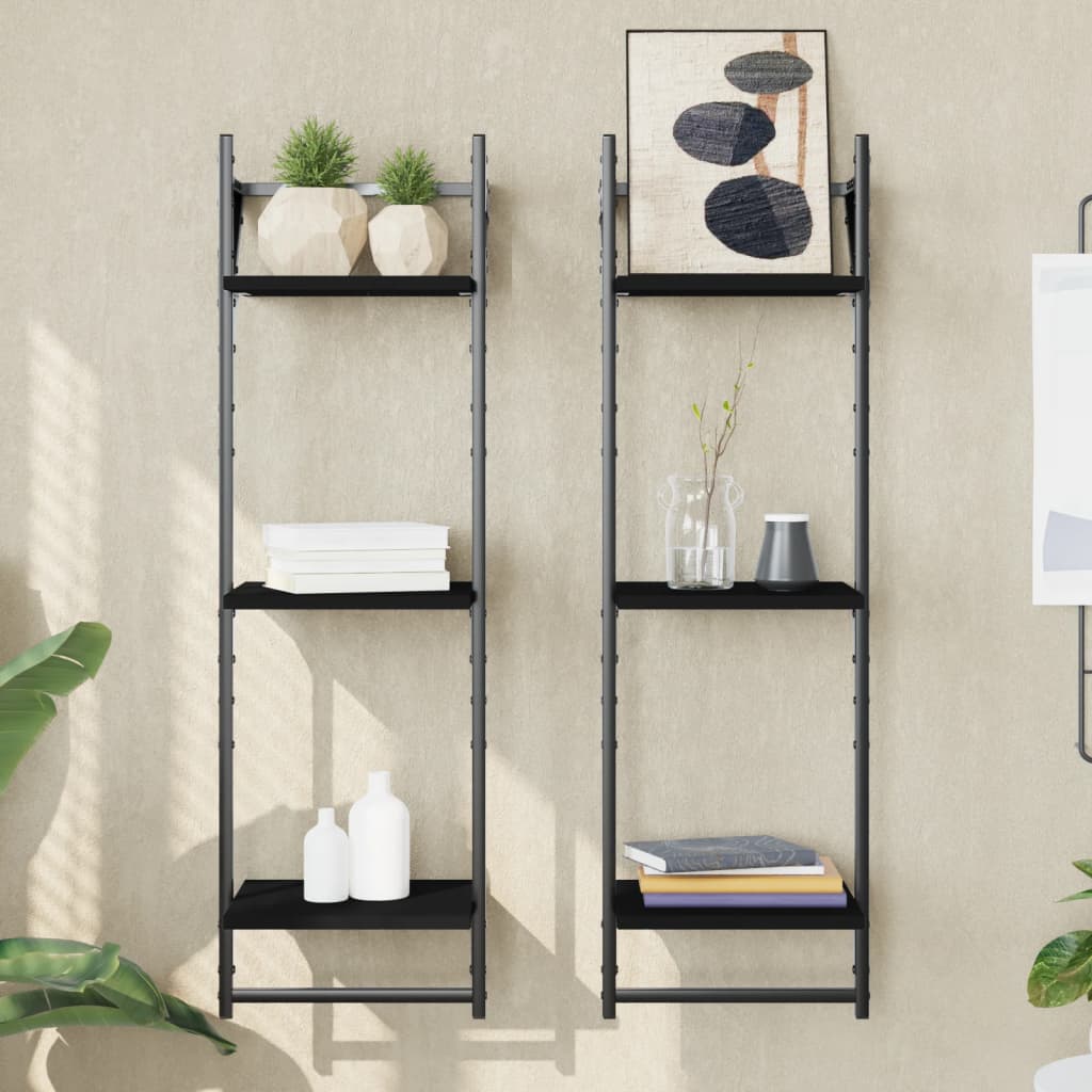 3-Tier Wall Shelves with Bars 2 pcs Black 30x25x100 cm - Merlin Deals