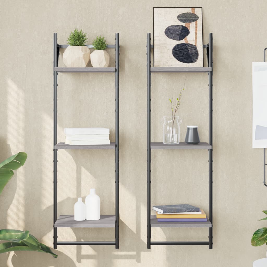 3-Tier Wall Shelves with Bars 2 pcs Grey Sonoma 30x25x100 cm - Direct Imports