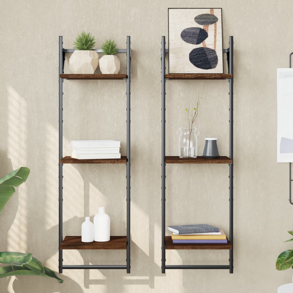 3-Tier Wall Shelves with Bars 2 pcs Brown Oak 30x25x100 cm - Discount Dealers