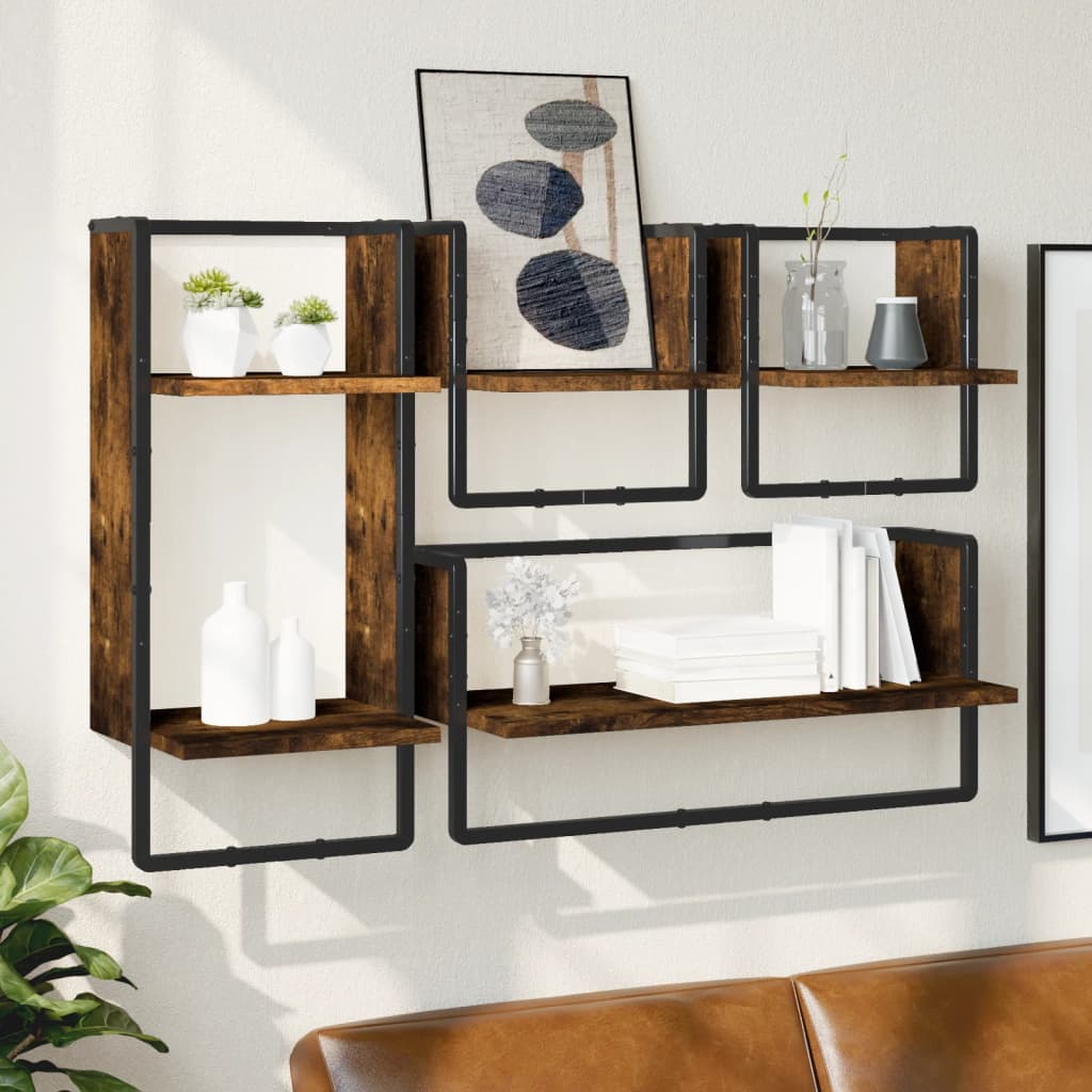 4 Piece Wall Shelf Set with Bars Smoked Oak Engineered Wood - Style and Chic