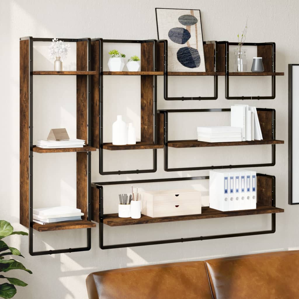 6 Piece Wall Shelf Set with Bars Smoked Oak Engineered Wood - Millennium Furniture