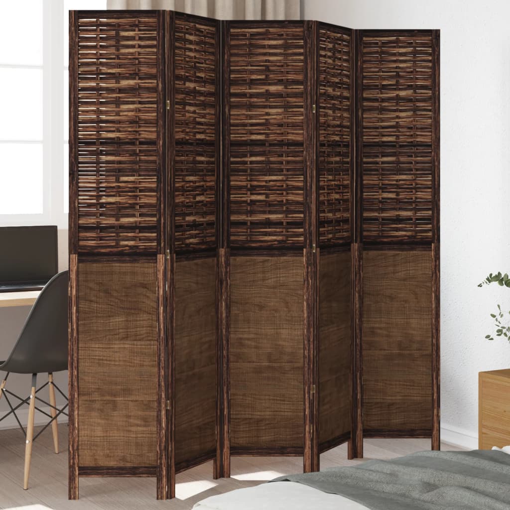 Room Divider 5 Panels Dark Brown Solid Wood Paulownia - All Things Good