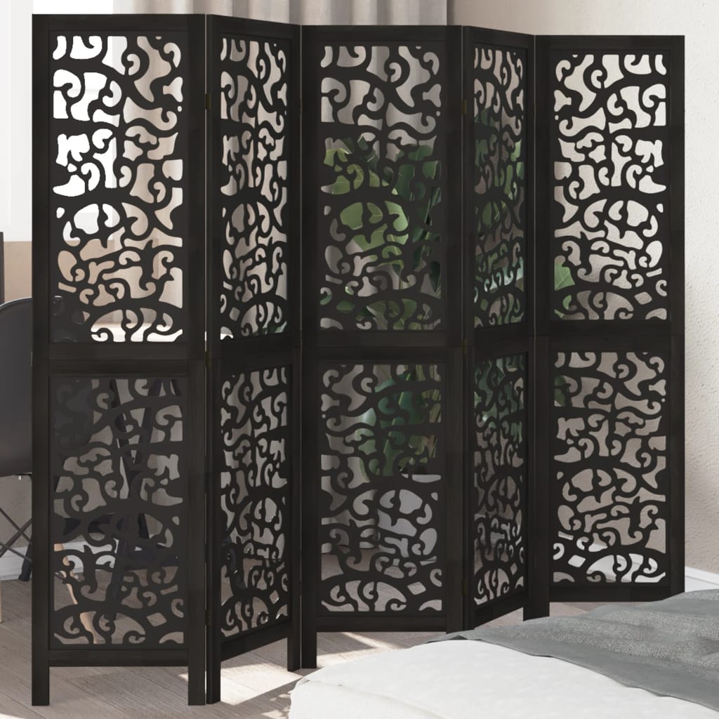 Room Divider 5 Panels Black Solid Wood Paulownia - vid-358757 - Charlotte Dunes