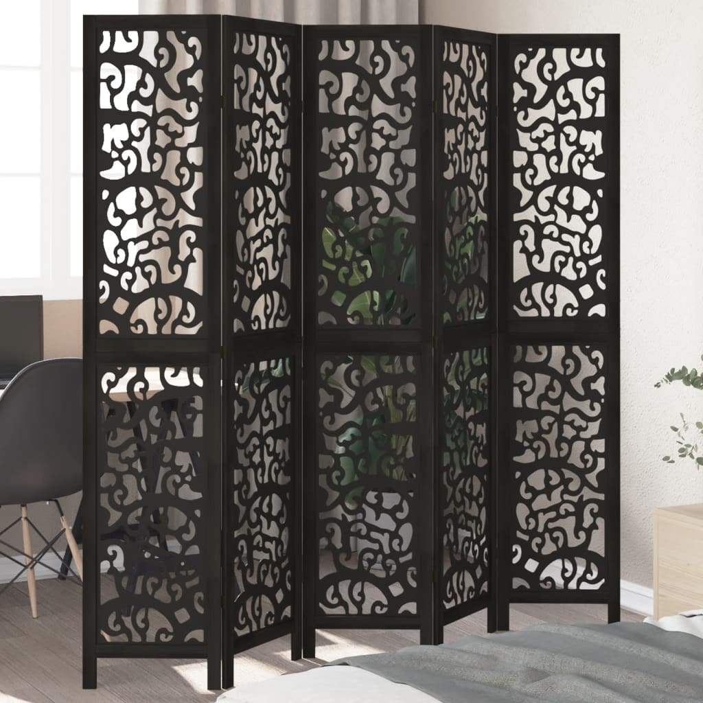 Room Divider 5 Panels Black Solid Wood Paulownia - vid-358759 - Charlotte Dunes