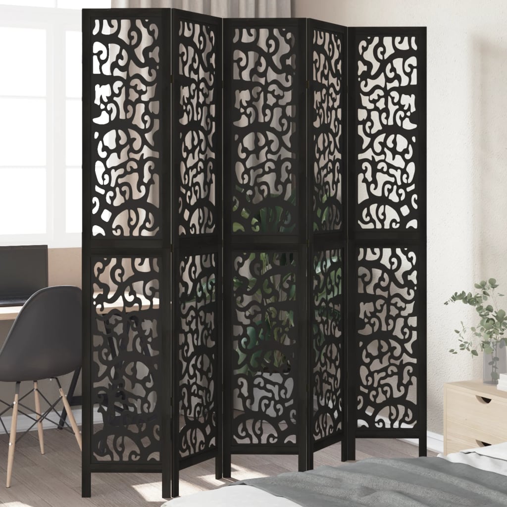Room Divider 5 Panels Black Solid Wood Paulownia - vid-358760 - Charlotte Dunes