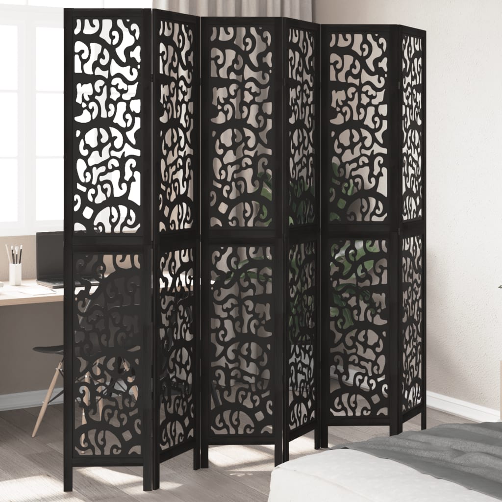 Room Divider 6 Panels Black Solid Wood Paulownia - vid-358764 - Charlotte Dunes
