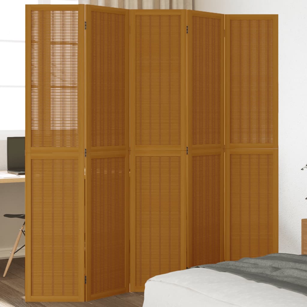Room Divider 5 Panels Brown Solid Wood Paulownia - The Home Maker
