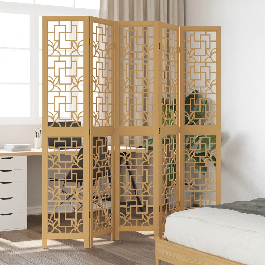 Room Divider 5 Panels Brown Solid Wood Paulownia - vid-358871 - Charlotte Dunes