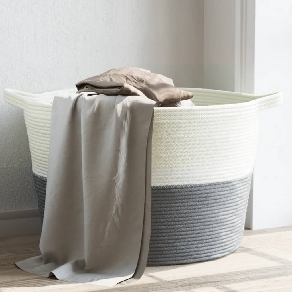 Laundry Basket Grey and White Ã ̃60x36 cm Cotton - Merlin Deals