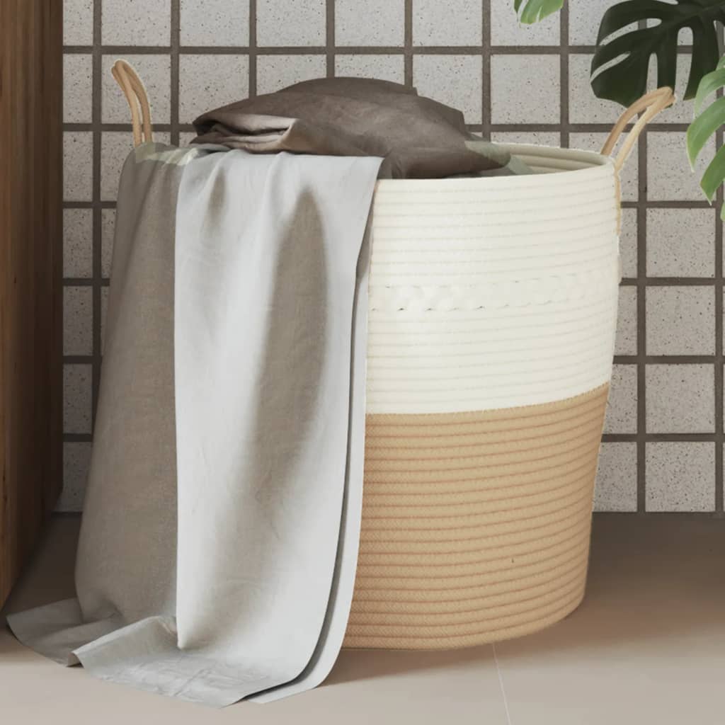 Storage Basket Beige and White 43x38cm Cotton - Brittle & Co
