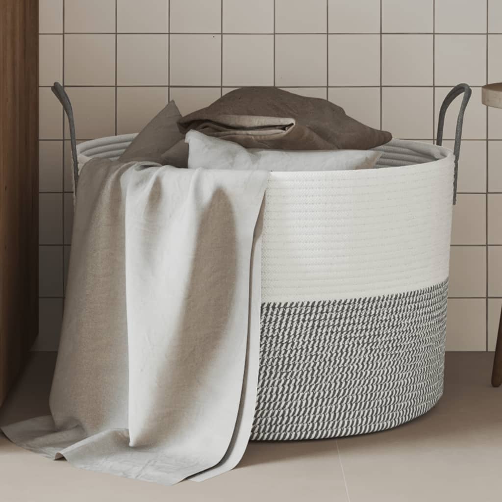 Storage Basket Grey and White 51x33cm Cotton - Merlin Deals