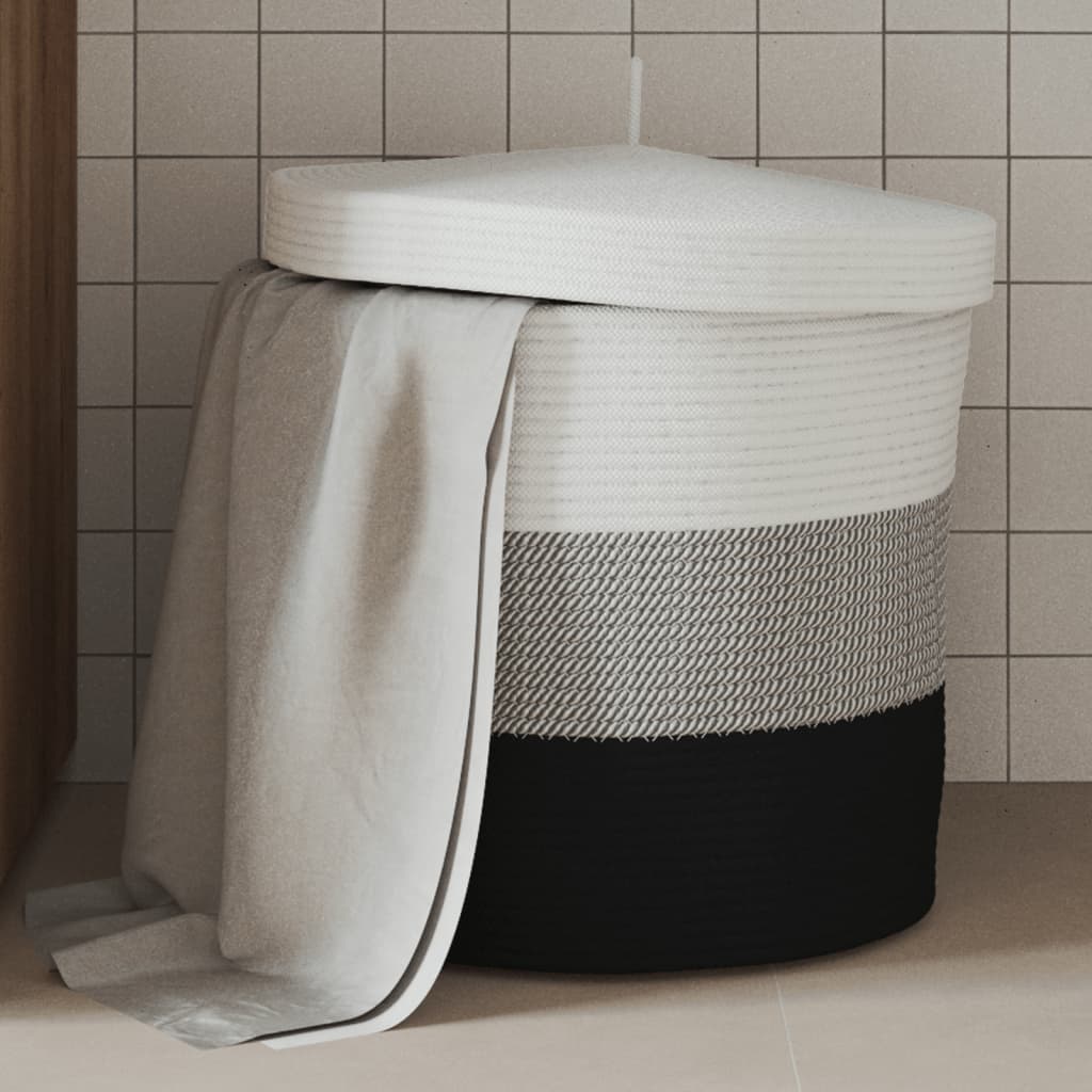 Storage Basket with Lid White and Black 40x35cm Cotton - Merlin Deals