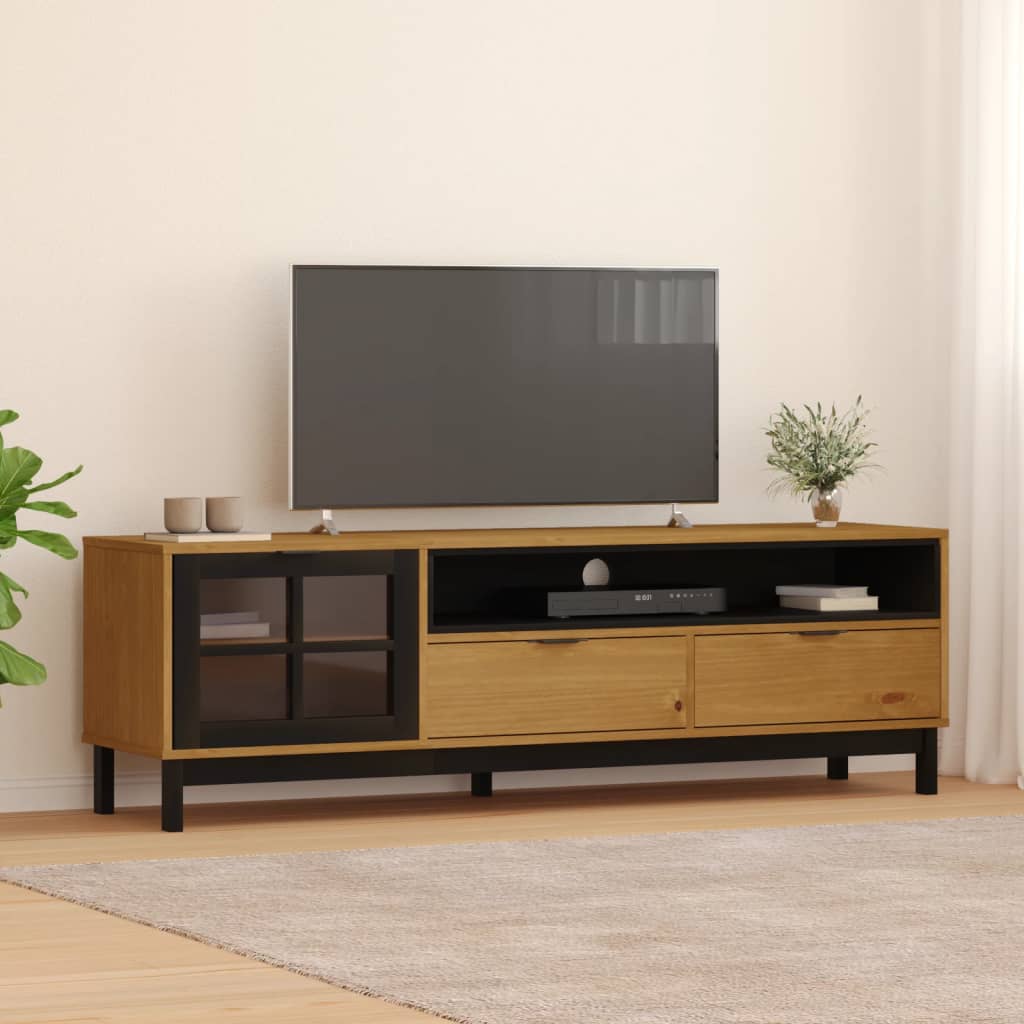 TV Cabinet with Glass Door FLAM 158x40x50 cm Solid Wood Pine - Direct Imports