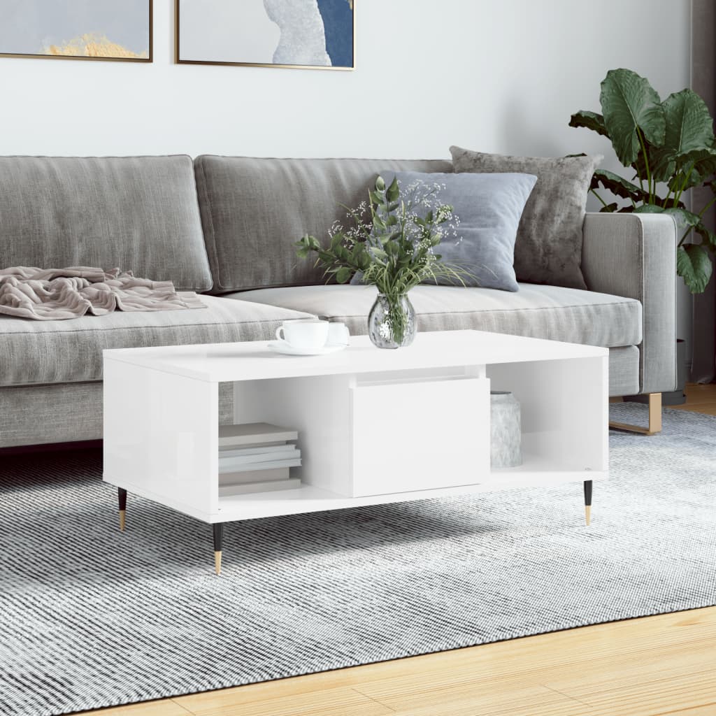 Coffee Table High Gloss White 90x50x36.5 cm Engineered Wood - Decor Base