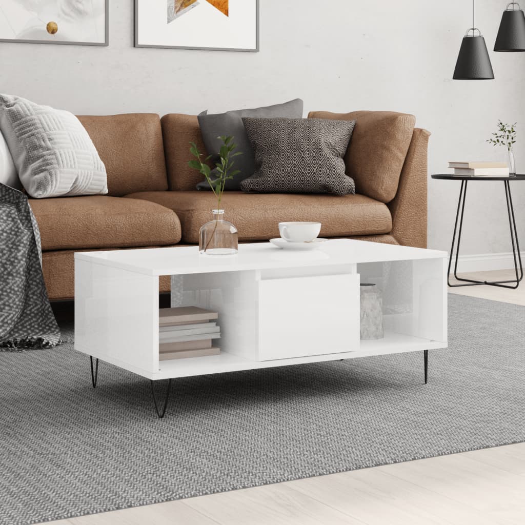 Coffee Table High Gloss White 90x50x36.5 cm Engineered Wood - Millennium Furniture