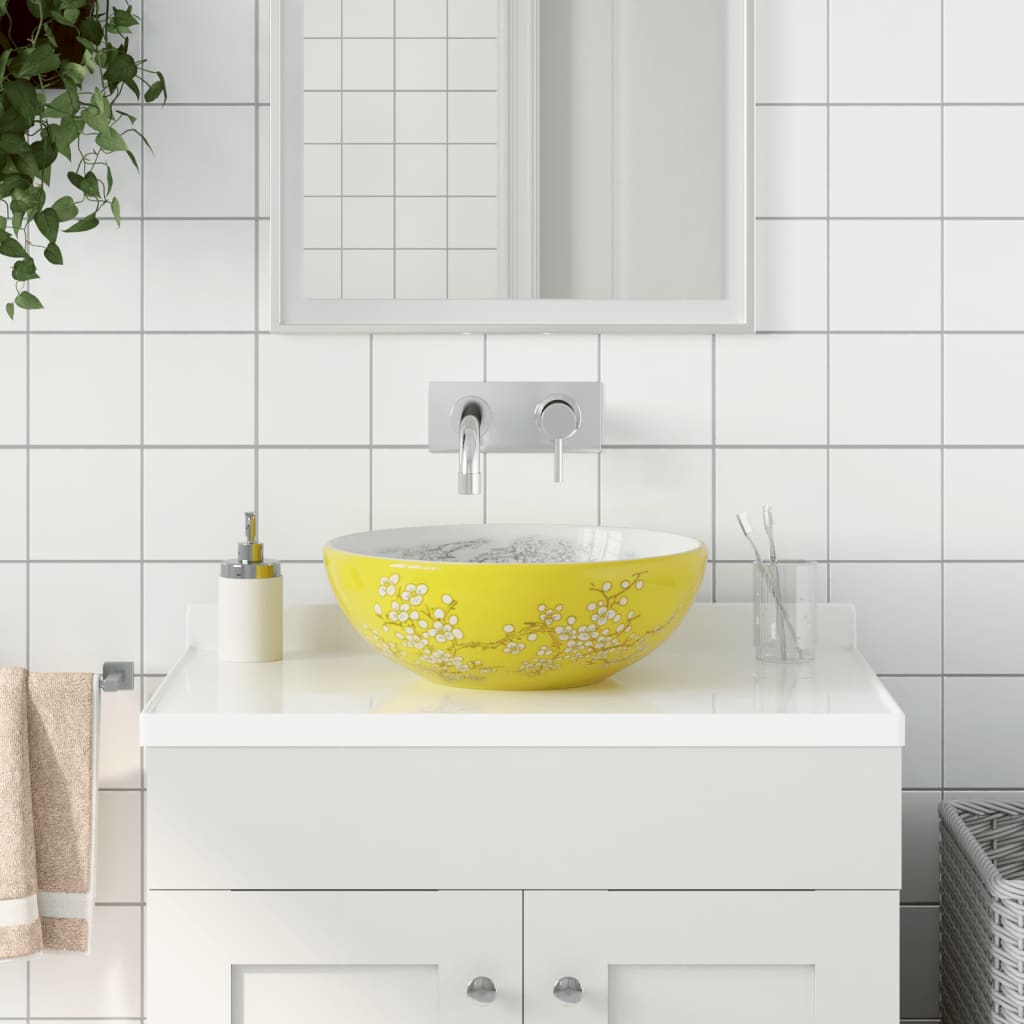 Countertop Basin White and Yellow Round Î 41x14 cm Ceramic - Sid & Sam