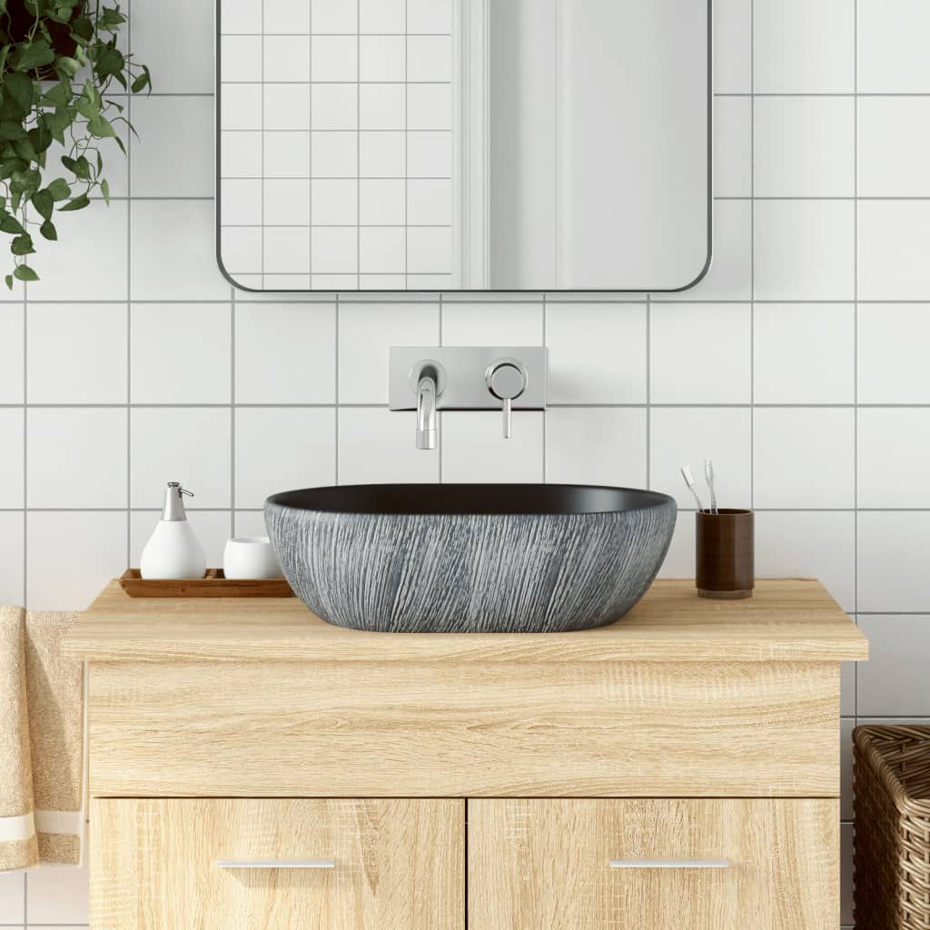 Countertop Basin Black and Grey Oval 47x33x13 cm Ceramic - Millennium Furniture