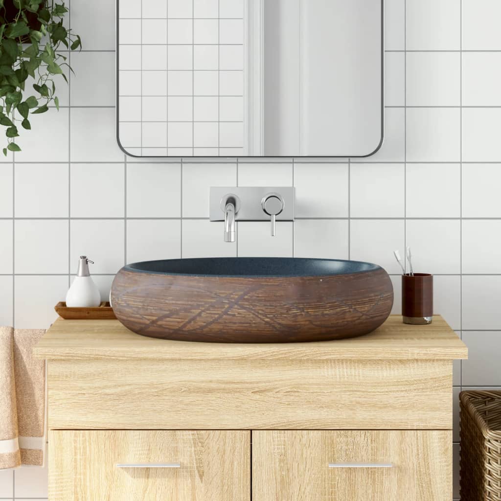 Countertop Basin Brown and Blue Oval 59x40x15 cm Ceramic - Discount Dealers