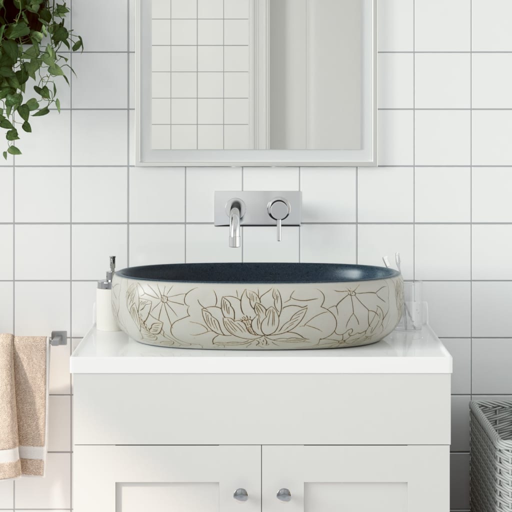 Countertop Basin Sand and Blue Oval 59x40x14 cm Ceramic - Tyrell & Tyrell