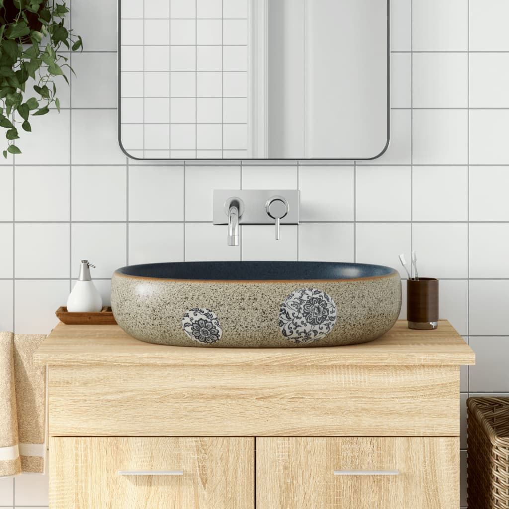 Countertop Basin Sand and Blue Oval 59x40x14 cm Ceramic - Tyrell & Tyrell